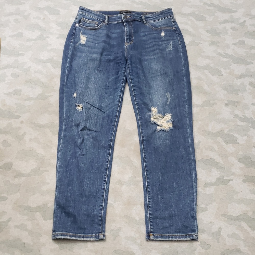 Judy Blue Jeans Womens 13/31 Blue Distressed Slim Fit Pockets Denim Medium Wash